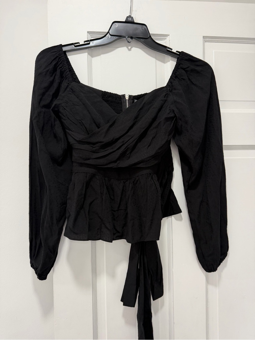 Black off the shoulder blouse with tie waist and long sleeves XS